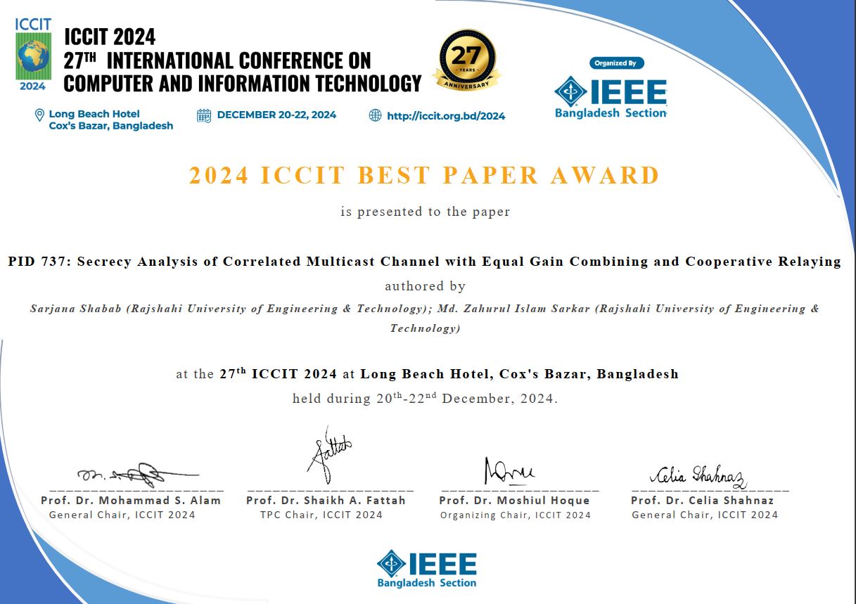 2024 ICCIT Best Paper Award Presented to the Paper Authored by Sarjana Shabab (RUET) and Md. Zahurul Islam Sarkar (RUET)